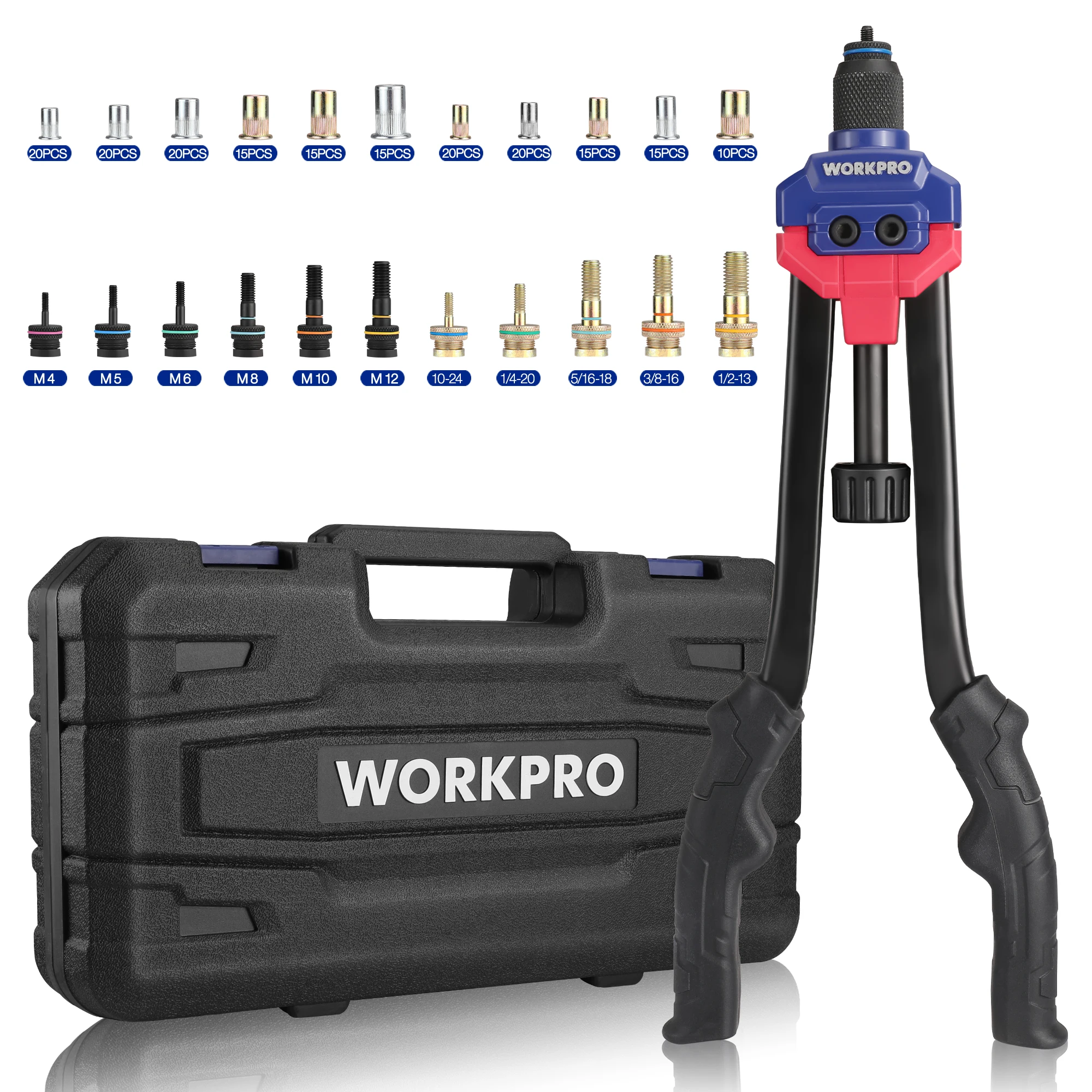

Инструмент для заклепок WORKPRO 16 дюймов с 11 метрическими оправками SAE, набор заклепок 185 шт. для листового металла и автомобильной работы