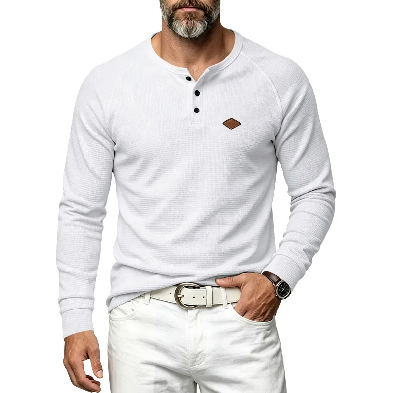 2026 Men's Waffle Long Sleeve Henley Shirt, Knitted Solid Color Rough Sleeve 3-Button Placket Casual Top