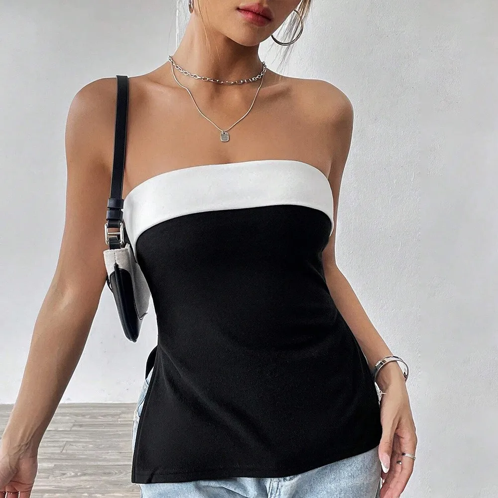 Women's Summer Sweet Spicy Colorblock Slim Fit Strapless Short Crop Top Tank for Women Wearable Outside Sexy Female Clothing