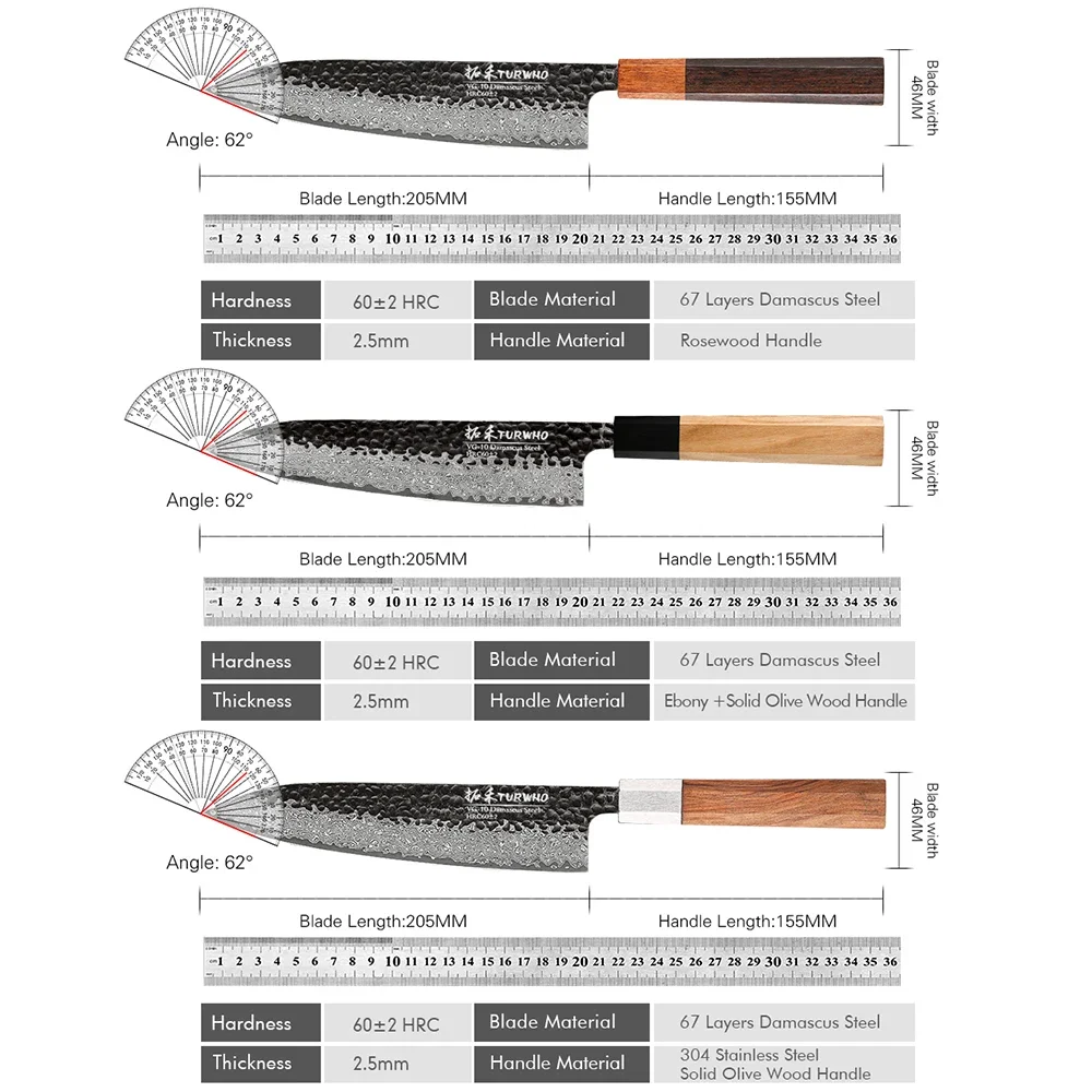 Imagem -04 - Turwho-faca Forjada a Mão Facas de Cozinha Japonesas Aço Damasco Artesanal Cutelo Utilitário de Carne Utensílios de Cozinha Polegadas