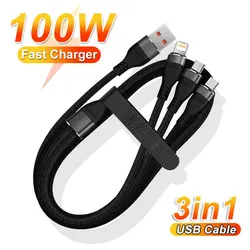 100W 3in1 USB Fast Charger Cable For iPhone 14 13 12 Pro Max Xiaomi Samsung Huawei Type C Micro For iPhone Charging Cable Wire