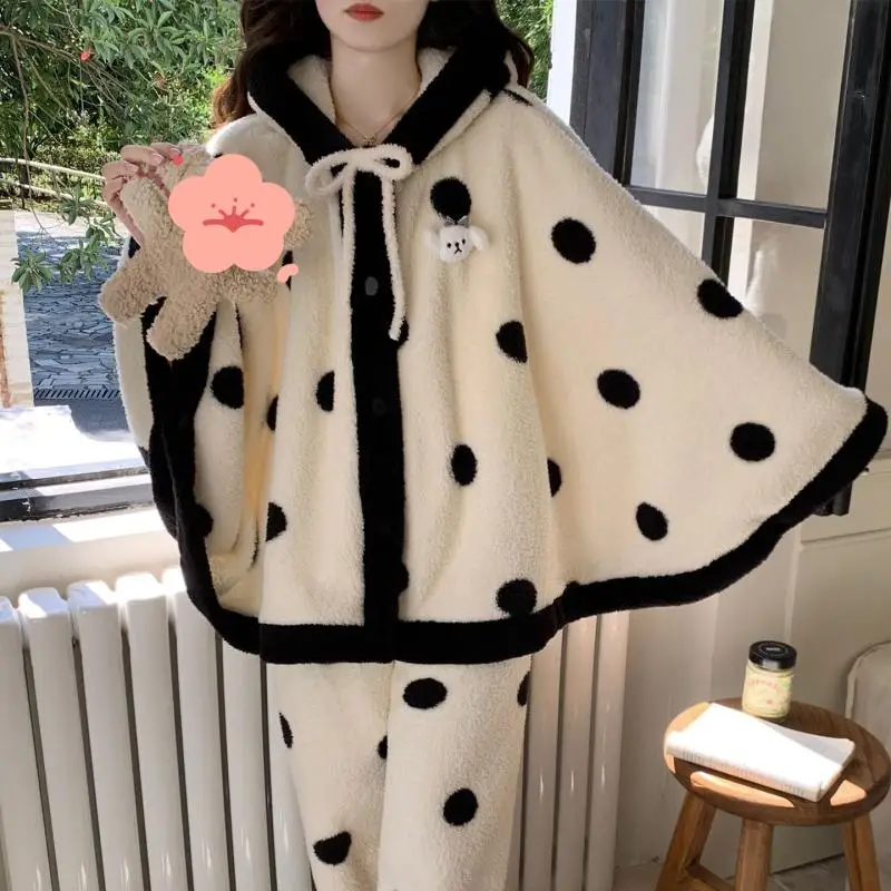 بيجامة نسائية نصف كومة مجموعة خريف وشتاء شال بناتي ملابس نوم عباءة بدلة بيجامة مبطنة بالصوف ملابس منزلية من الصوف المرجاني #3