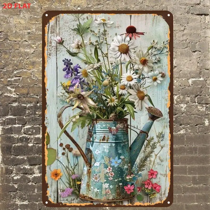 CIFBUY Rustic 2D Aluminum Wall Art Waterproof Durable Metal Watering Can Floral Decor For Indoor Garden Home Office Bathroom