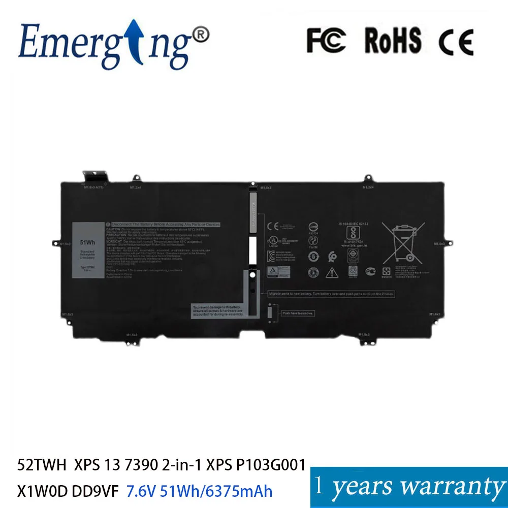 Emerging Battery For XPS 13 7390 2-in-1 XPS P103G001 52TWH X1W0D DD9VF MM6M8 7.6V 51Wh