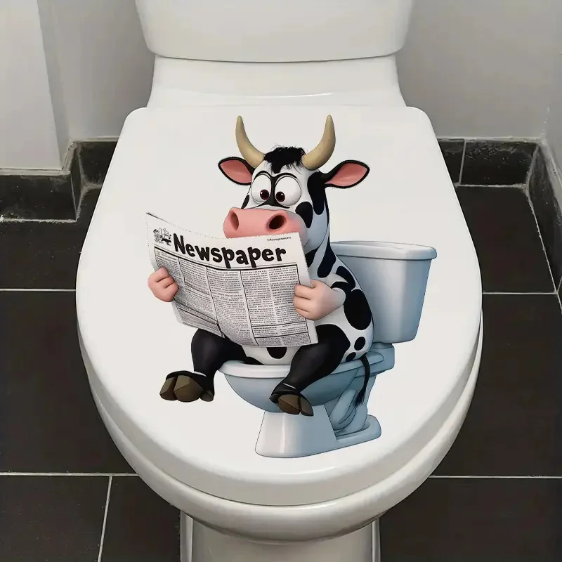 Playful Cow Reading Newspapers on Toilet Stickers Decoration for Living Room, Wall, Bedroom, Toilet and Home Decor Car Decals