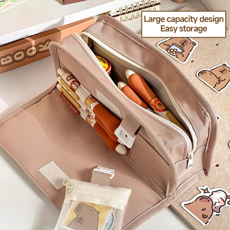 Large Capacity Multi Layer Pencil Bag Cute Capibala Stationery Zipper Pencil Durable Stationery Storage Bag Student Supplies