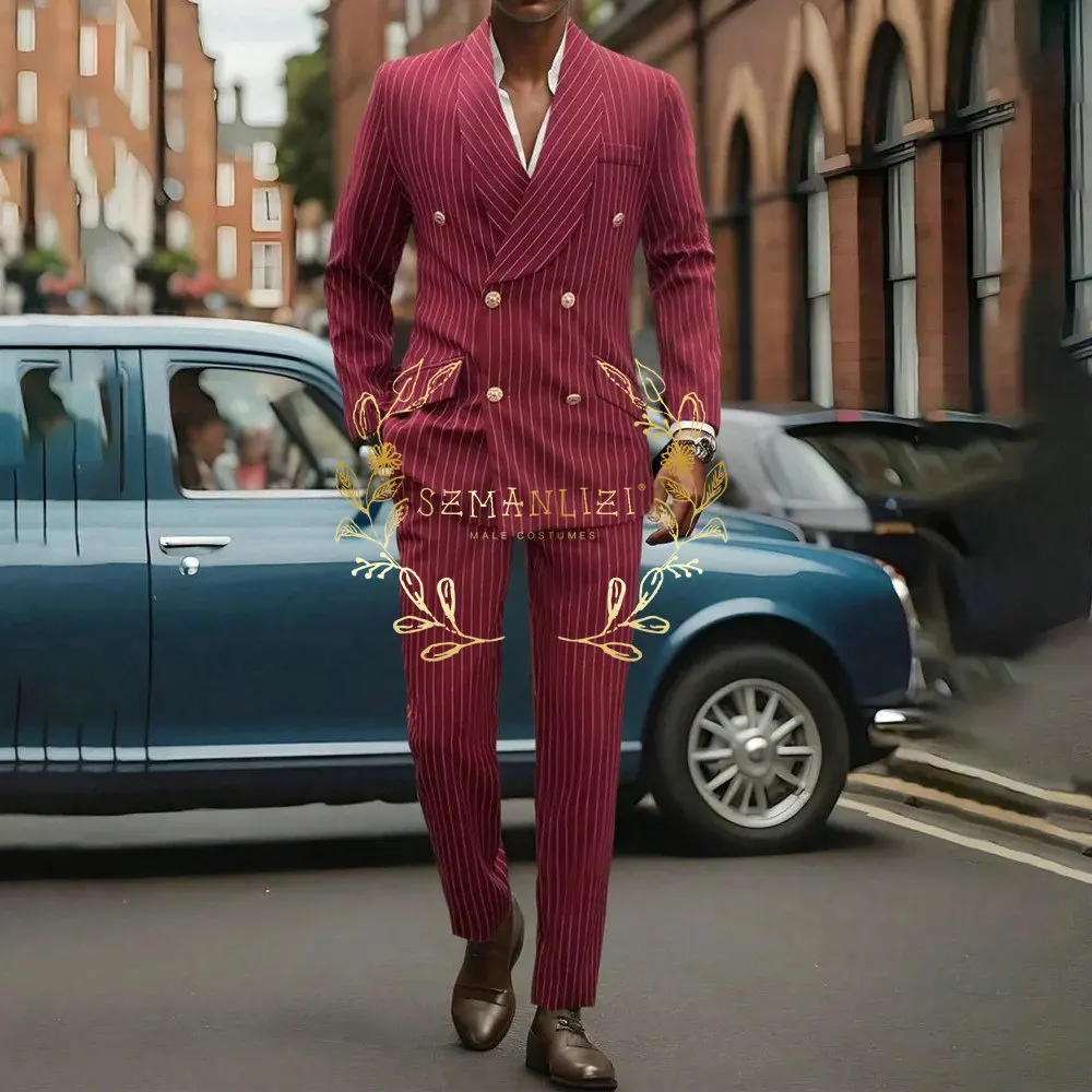 

Burgundy Striped Suits for Men Shawl Lapel Double Breasted Wedding Blazer Sets 2 Piece Jackets Pants Business Formal Male Suit