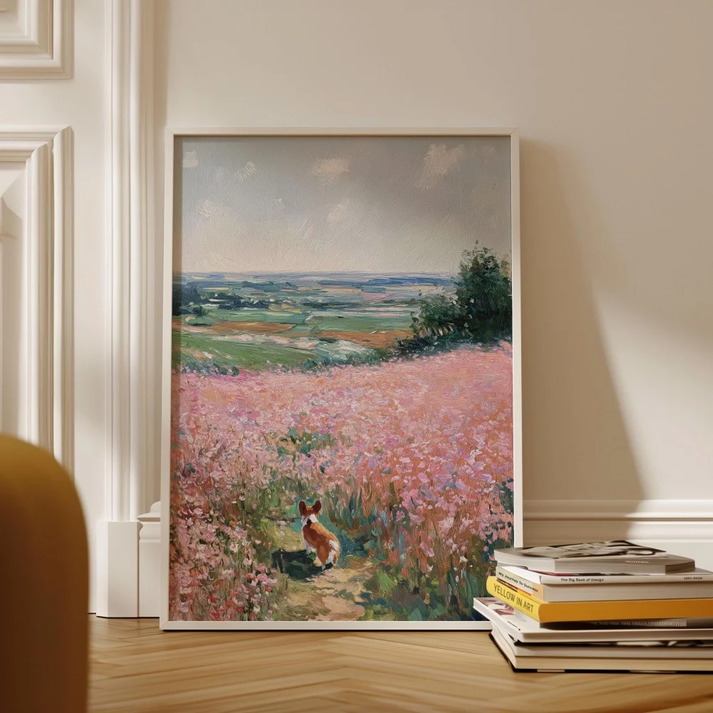 Monet-inspired Pastel Wildflower Paintings Print on Canvas, Floral Landscape Wall Art, Golden Retriever Corgi Picture Wall Decor