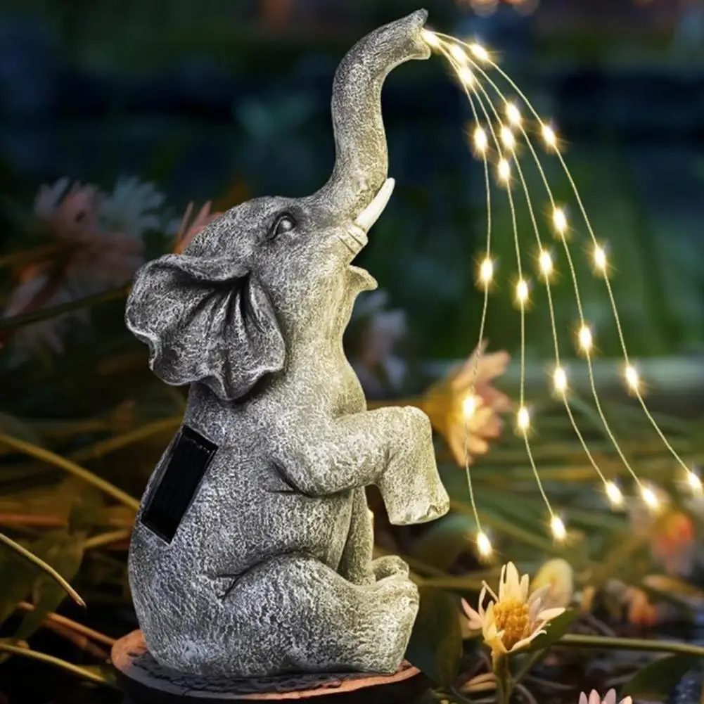 Outdoor Elephant Figurine Solar Elephant Figurine Weather-proof Yard Sculpture for Outdoor Garden Patio Lawn Led Resin Statue