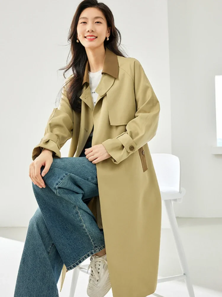 Vimly Khaki Long Trench Coat Women 2023 Long Sleeve Double Breasted Spring Jackets Women's Outerwear Contrast Lapel Coat 16053