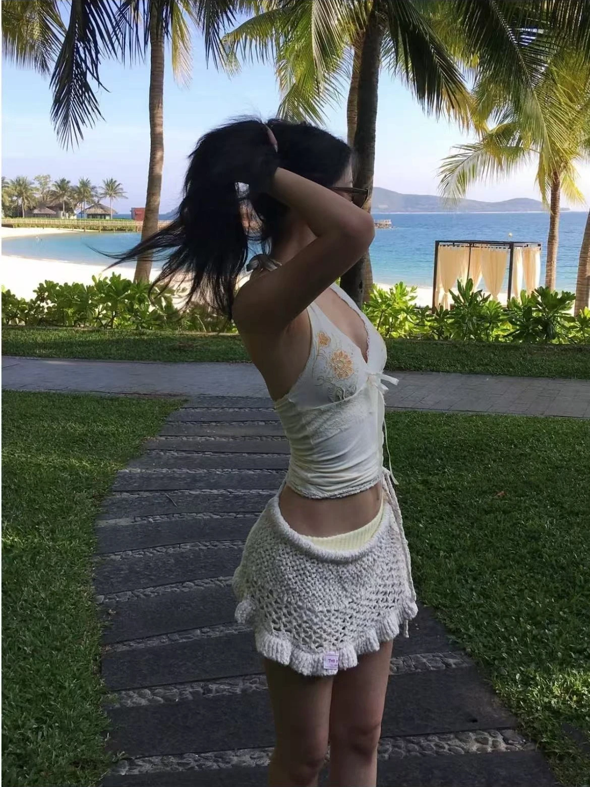 Vintage Cottagecore Women Cream Halter Camisole Top Floral Embroidery Deep V‑Neck Lace Ruched Y2K Aesthetic Slim‑Fit Tank Tops