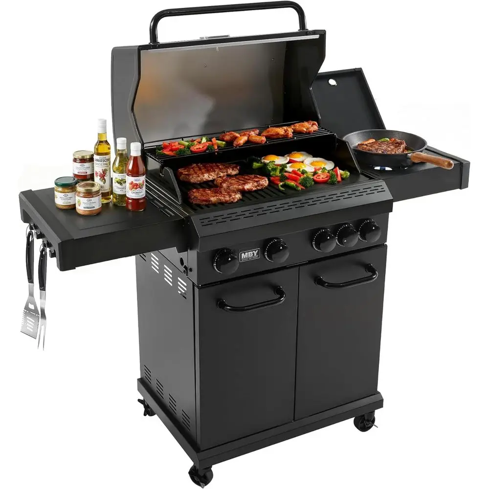 Parrilla de Propano de Alta Resistencia de 50,000 BTU y 4 Quemadores con Quemador Lateral, Rejillas de Hierro Fundido y Plancha para Barbacoas al Aire Libre