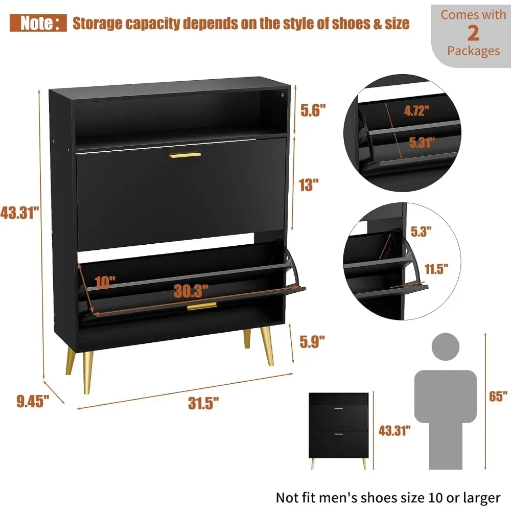 Black with 2 Flip Drawers and Top Storage, Narrow Entryway, Hallway
