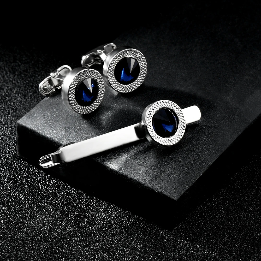 Textured Mens Blue Crystal Dust Round Cufflinks&Tie Clip Set With Unique Whale Back Closure Free Shipping