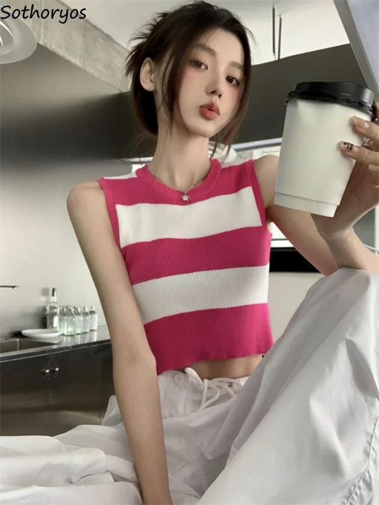 

Hotsweet Striped Tanks Women Vintage Summer Crop Sexy Tops Simple Cute Girlish New Fashion Korean Style O-neck Design Streetwear