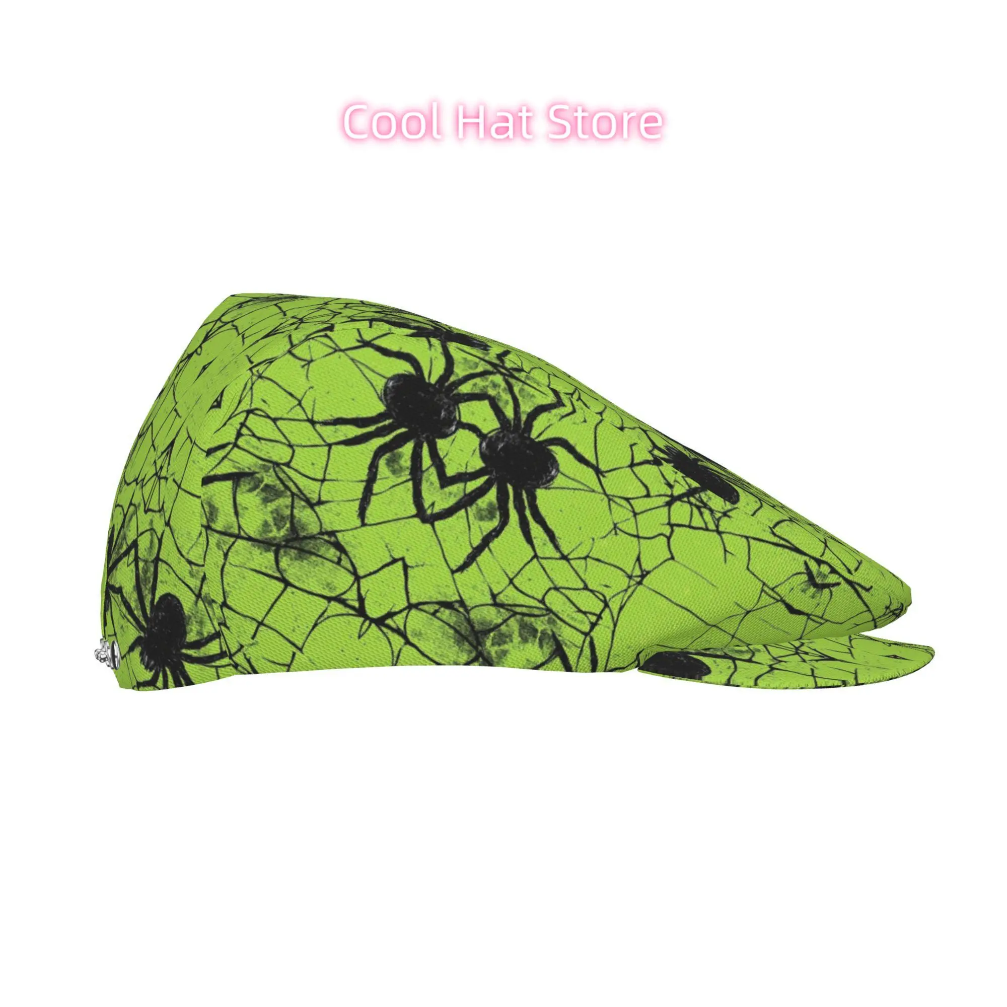 Neon Green Spiders and Webs Men Beret Hat Polyester Adjustable Newsboy Hats Cabbie Gatsby Cap Driving Flat Caps Women Cabbie Cap