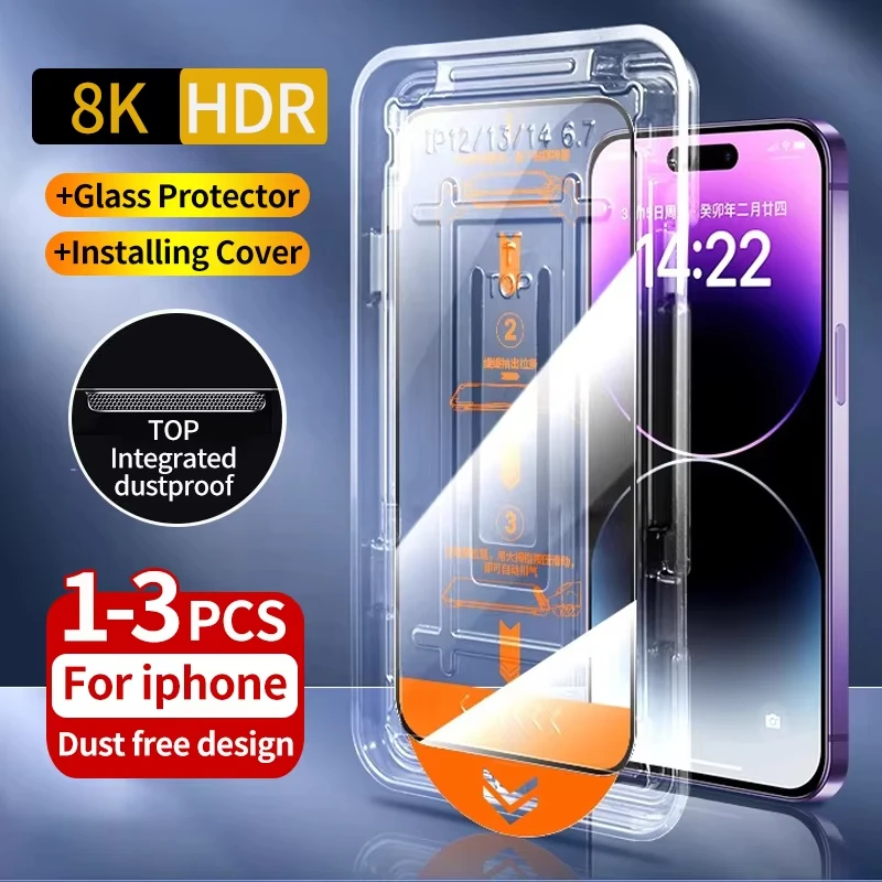 1-3Pc Oleophobic Coating Dust Free Easy Installation Glass Screen Protector For iPhone 16 15 14 13 12 11 Pro Max 7 8 Plus XS XR