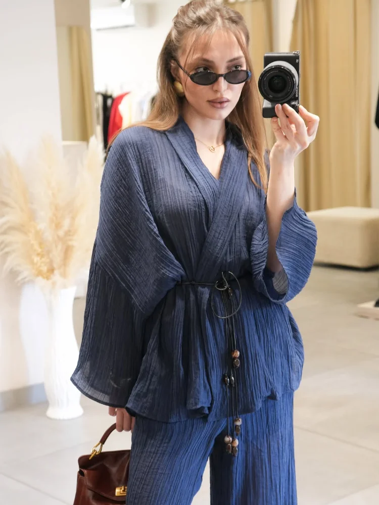 

Casual Women Streetwear Lace Up Long Sleeve Open Stitch Loose Fenale Top And Long Wide Leg Pant Chic Lady Commute Outfit