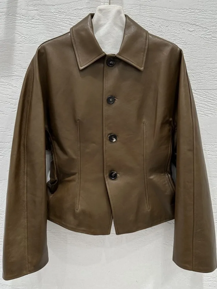 Luxury Women Natural Sheepskin Jacket Euro-American Style Slim Genuine Leather Jackets Turndown Collar Single Breasted Outerwear