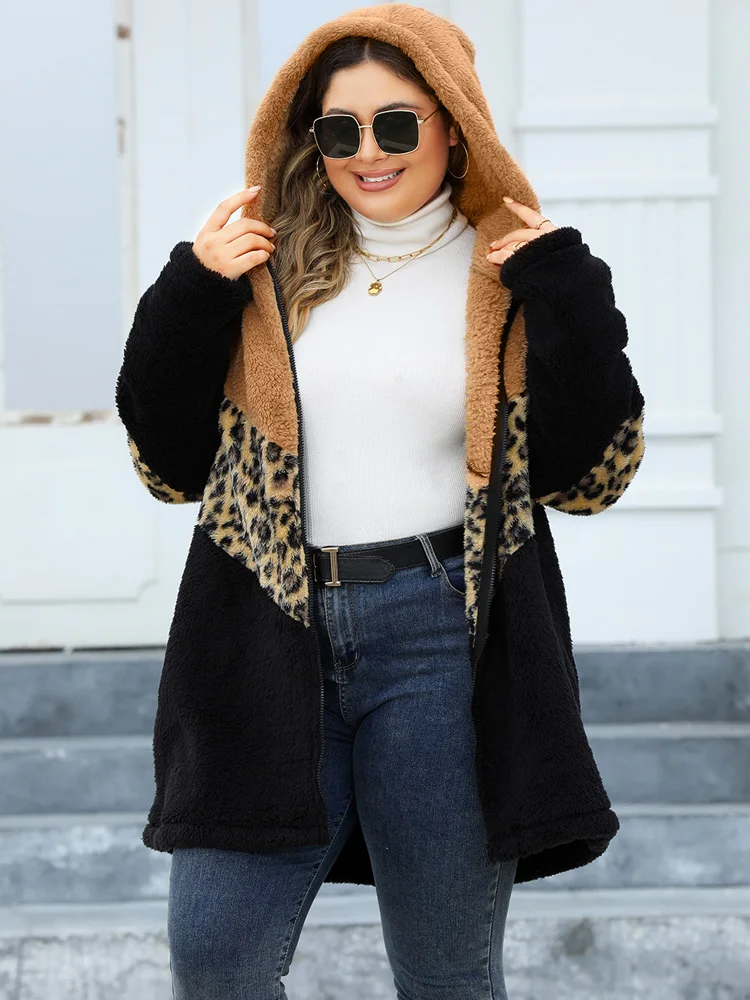 GIBSIE Plus Size Leopard Color Block Zip Up Coat Women 2024 Autumn Winter Fleece Long Sleeve Thicken Warm Jacket Female Outwear