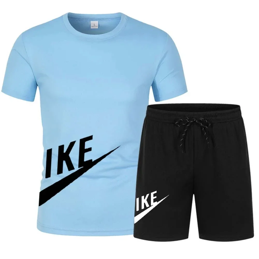 Summer men's printed casual fitness training sportwear set mesh breathable short sleeve T-shirt + jogging shorts 2 sets