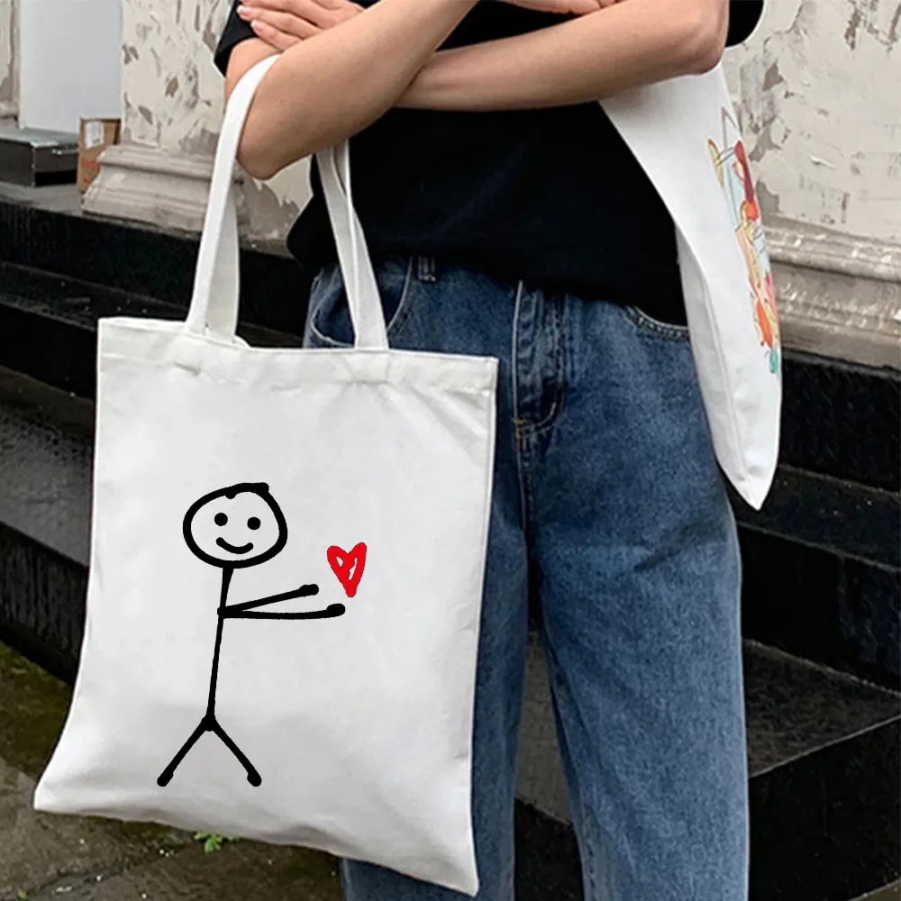 Śmieszny Uśmiech Prosta Śliczna Para Linia Sztuka Kij Figury Miłość Serce Damska Bawełniana Torba na Zakupy Płótno Torebka na Ramię Kobieta