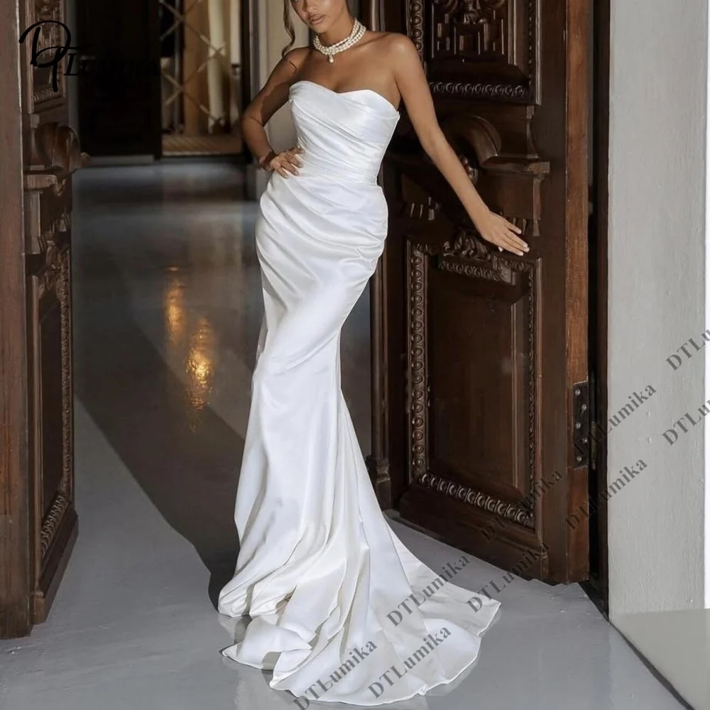 

DTLumika Strapless Satin Wedding Dress with Ruched Bodice Mermaid Bridal Gown Sleek Silhouette Customized Women's Wedding Dress