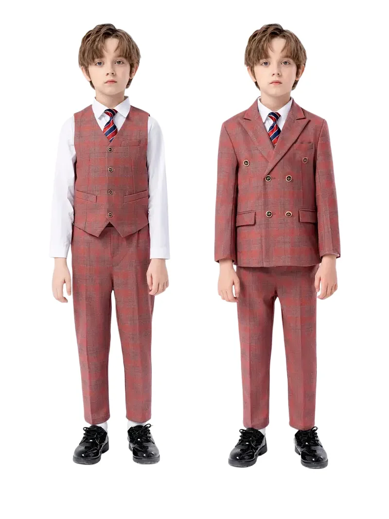 Clearance Stock Sale Boys 5Pieces/Set Jacket Vest Pants Tie Brooch Wedding Dress Kids Ceremony Costume Children Birthday Suit