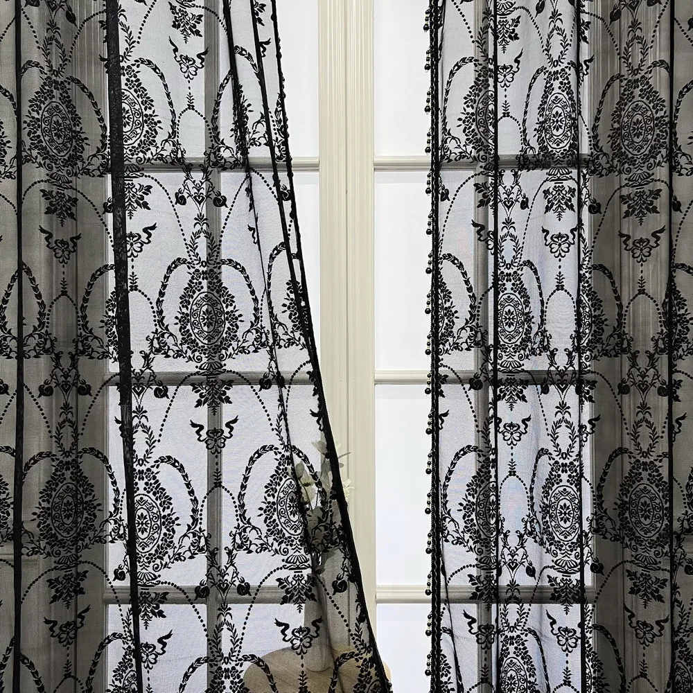 Black Ruffled Lace Sheer Curtains for Kitchen Farmhouse Crystal Beads Mesh Wedding Background Jacquard Floral Window Drapes