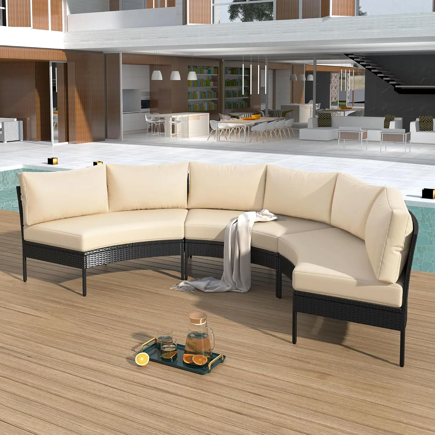 3-Pcs Curved Outdoor Sectional Sofa Set With All Weather Cushions For Patio Garden Balcony, Customized