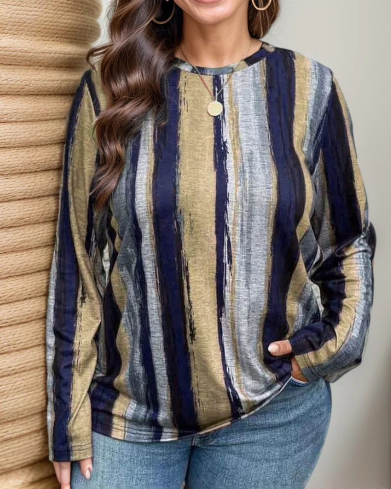 大きいサイズのレディース長袖カジュアルプリントTシャツ