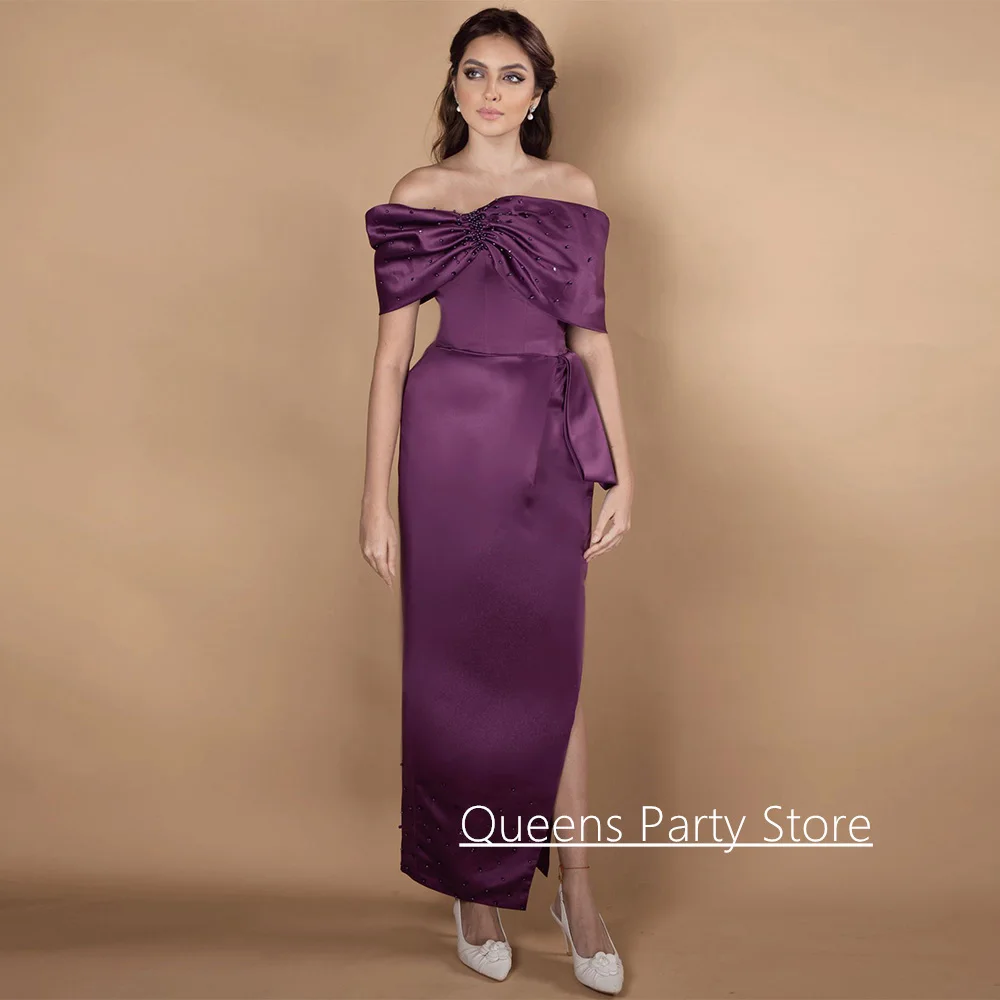 

Customized Saudi Evening Dress Ankle Length Off Shoulder Boat Neck Pearls Straight Arabian Cocktail Party Gown Prom Dresses