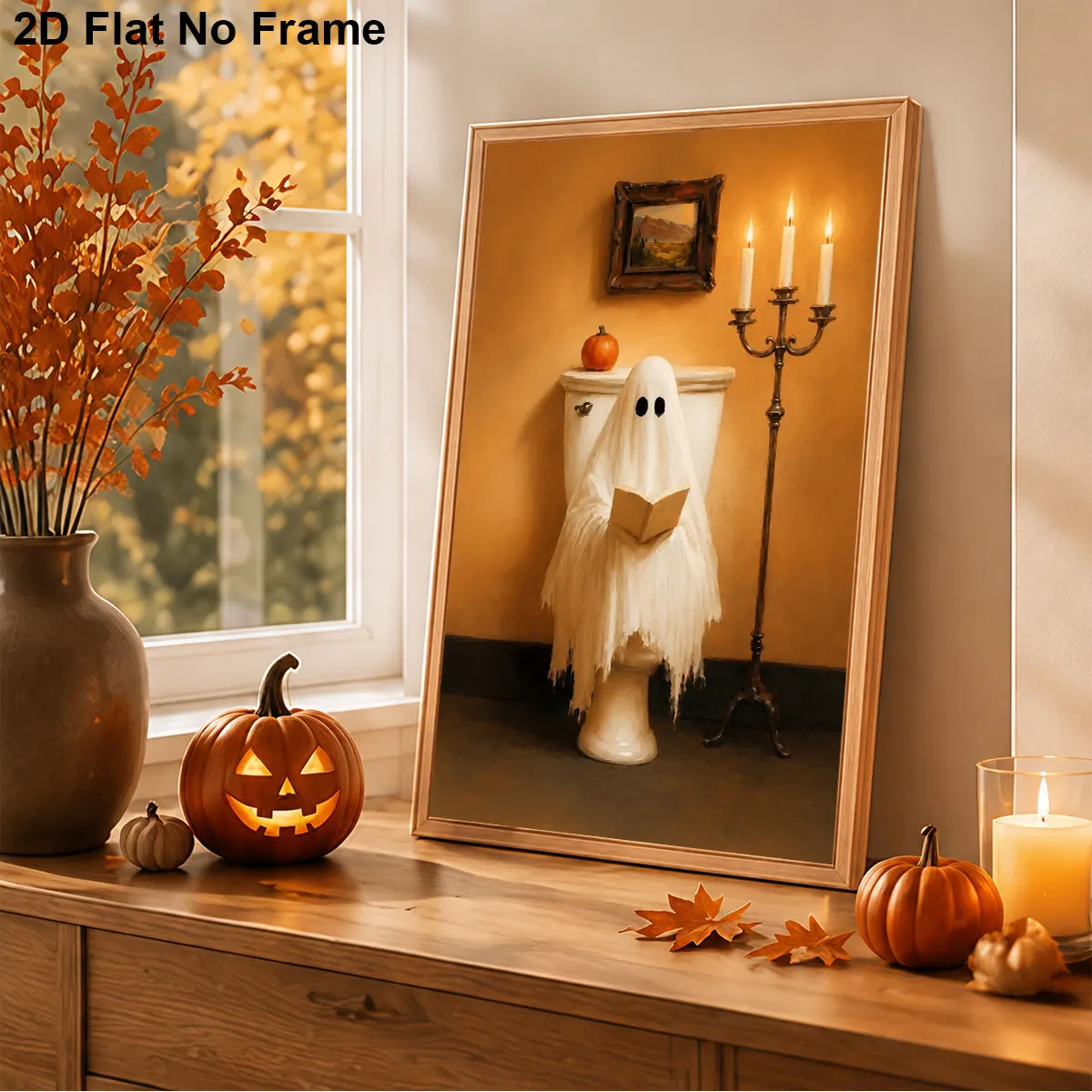 Whimsical Spirit Poster Print A Sheet Covered Figure Reading A Book With Candlelight Suitable for Home Room Decoration.