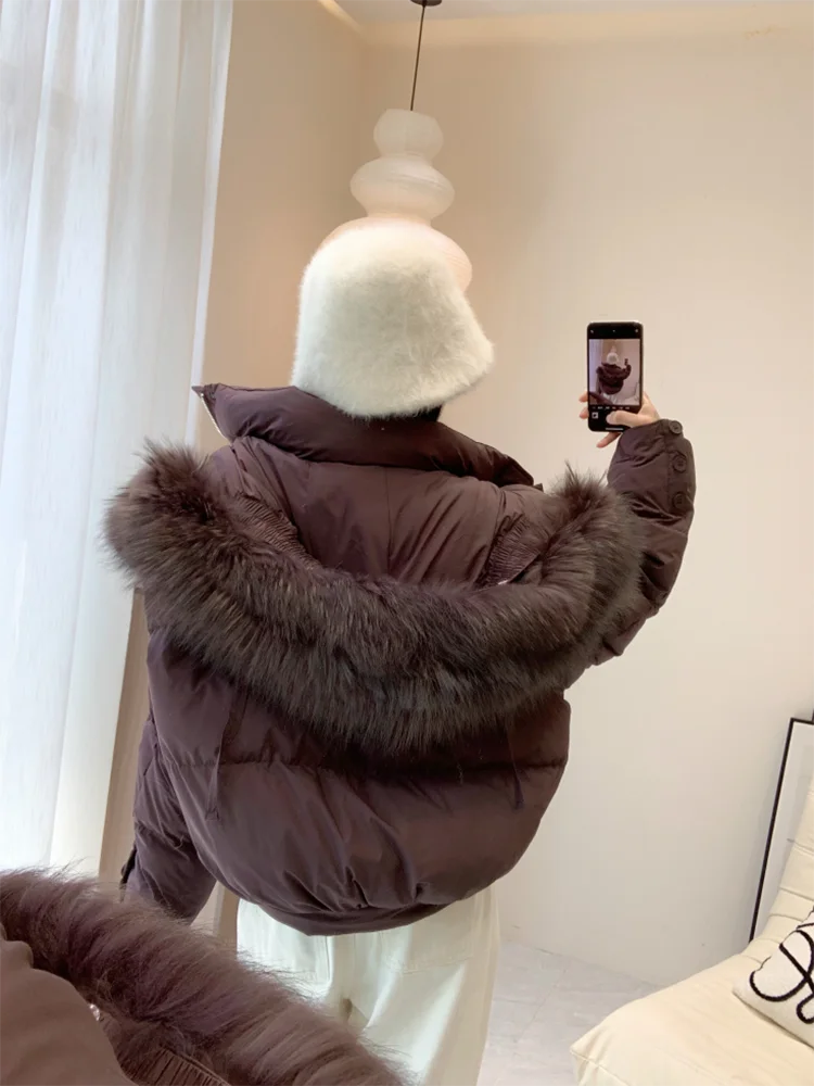 Winter warmer Mantel Fuchs Pelz kragen Daunen jacke für Frauen Kapuze Loose Fit 2024 neue weiße Enten Daunen mäntel abrigo mujer