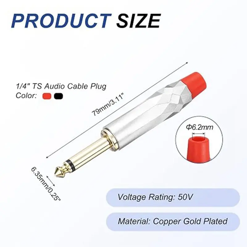 ABGN Guitar Microphone Speaker Cable 5Pcs Gold-Plated Gem-Shaped Design 6.35MM 2-Pole Mono Male Jack Audio Welding Plug Red