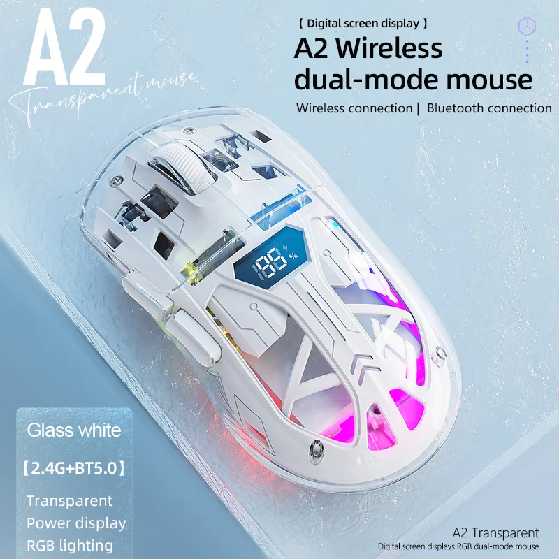 

A2 Transparent Mouse Wireless with Digital Screen,Dazzle RGB,4000DPI 5-step Adjustment,Bass Keys,FREEWOLF Bluetooth Gamer Mouse