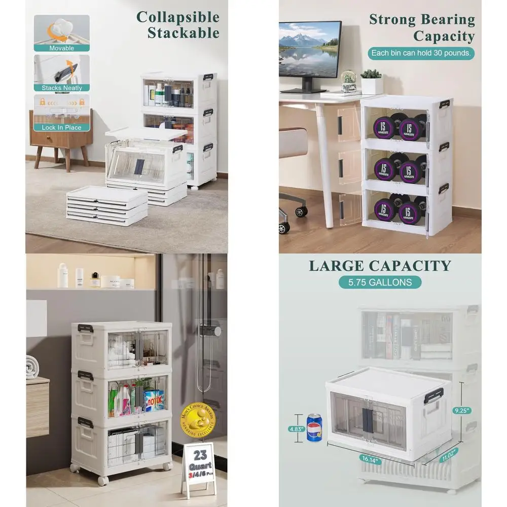 

Stackable Plastic Storage Bins with Lids, Folding Boxes on Wheels for Closet Organization, 3-Piece Set