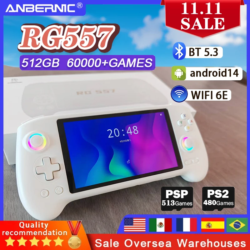 

НОВАЯ портативная игровая консоль ANBERNIC RG557, 5,48-дюймовый AMOLED-экран, Android 14, 5500 мАч, WIFI 6E BT5,3, RGB-подсветка, PSP, PS2, игра