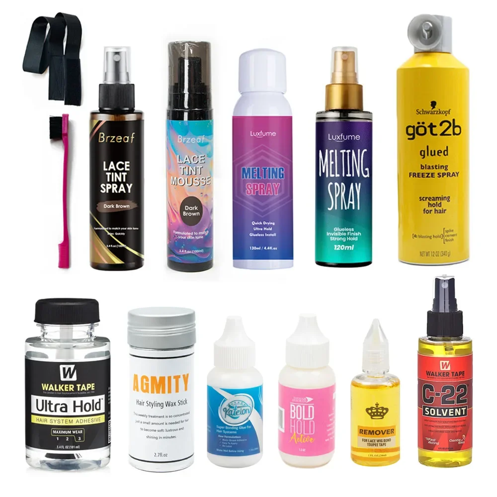 Kit de Cuidado Capilar: Pegamento para Pelucas, Cera en Barra, Removedor de Adhesivos, Tinte para Encaje, Mousse, Spray Fijador, Control de Bordes, Set de Instalación de Pelucas Ultra Hold