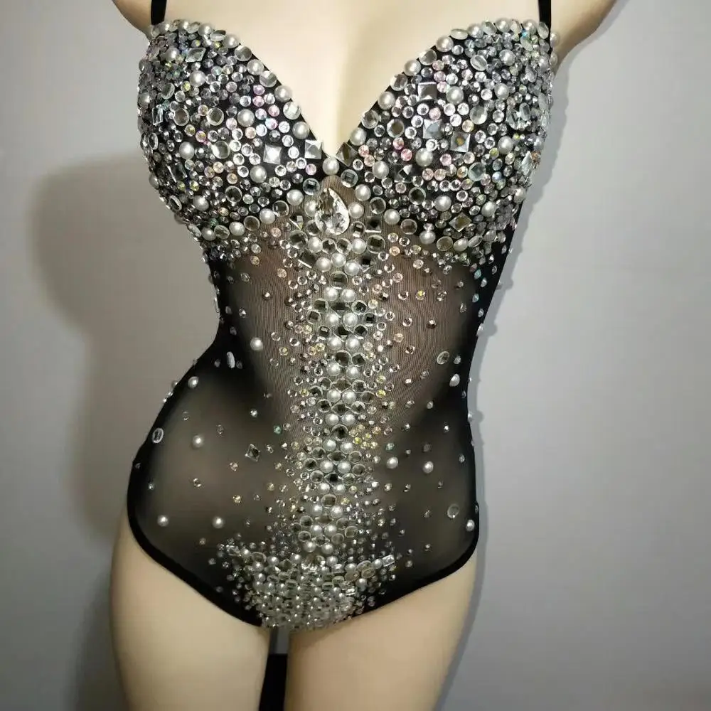 

Sexy V Neck Perspective Mesh Striped Crystals Bodysuit Women Singer Stage Performance Costume Luxurious Gemstones Pearls Dress