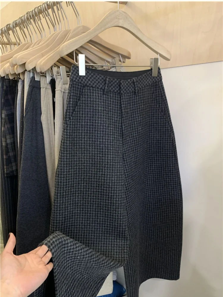 Pantaloni larghi scozzesi da donna larghi casual Autunno Inverno Pantaloni lunghi lusinghieri di piccole dimensioni a vita alta Fce Fini