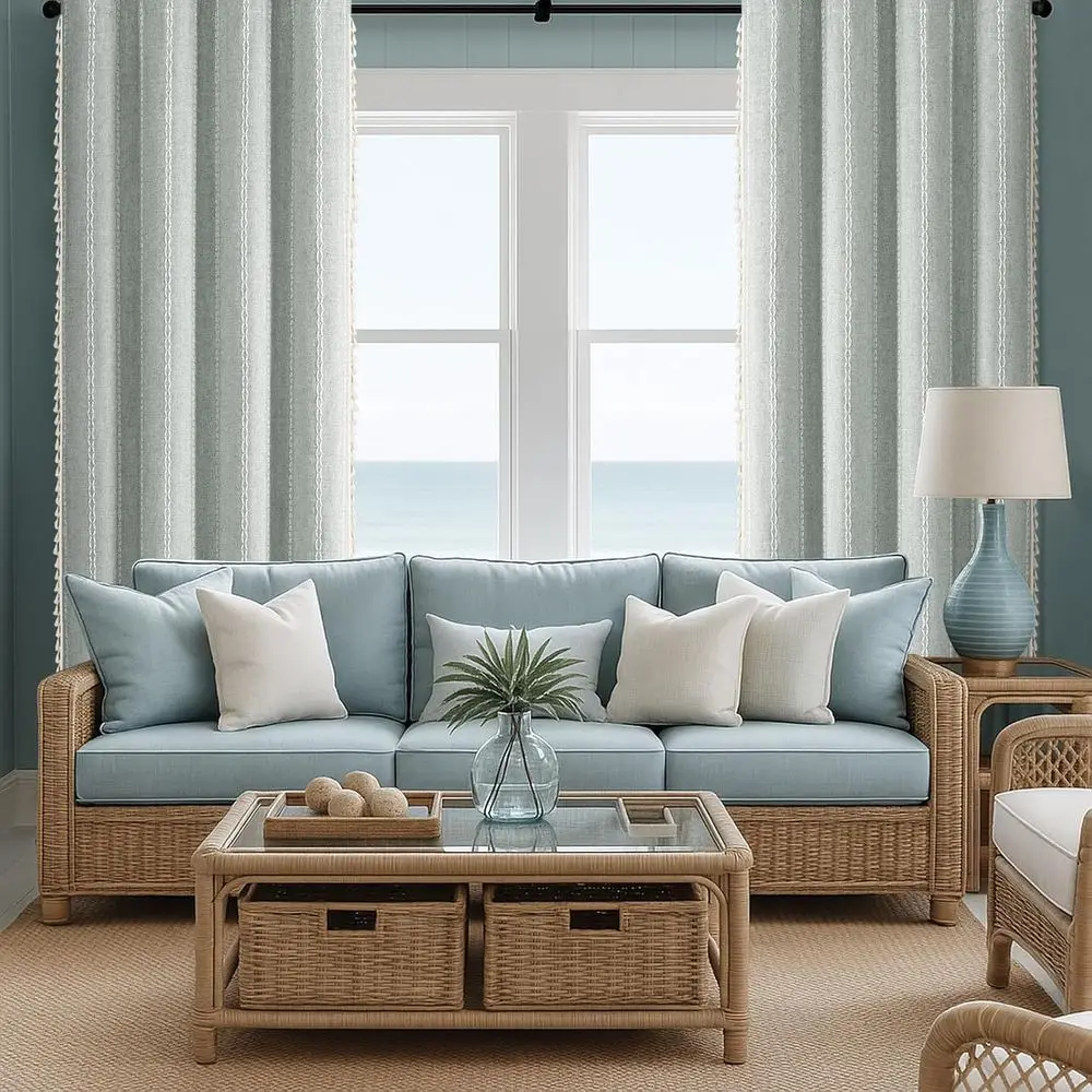 84 rideaux Boho en lin vert clair avec glands, broderie pour salon, style ferme