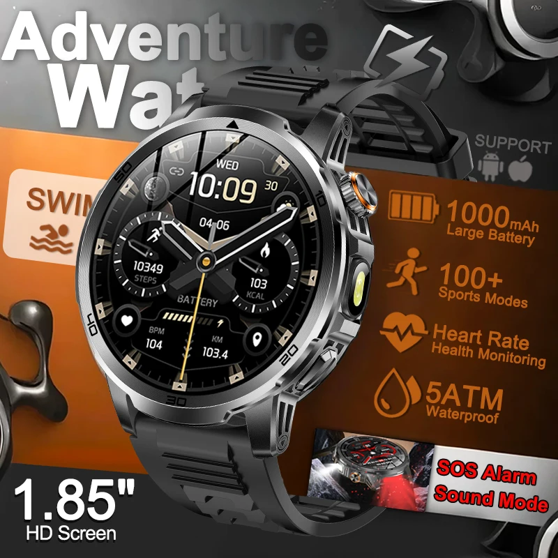 2025 ساعة مغامرة جديدة 1000 مللي أمبير بطارية SmartWatch 5ATM مقاوم للماء نظام تحديد المواقع بلوتوث دعوة 1.85 "AMOLED HD الرياضة الساعات الذكية الرجال