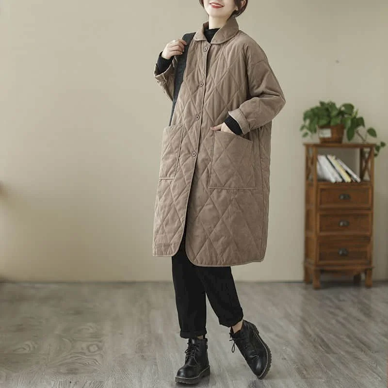 Quilted Coats for Women Polo-Neck Lightweight Cotton-padded Mid-length Jackets Solid Long Sleeved Casual Vintage Women Clothing