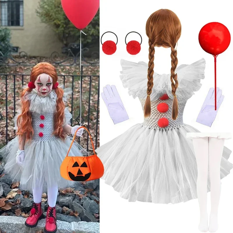 Graues Clown-Kostümkleid für kleine Mädchen mit langen transparenten Netzärmeln und roten Pompons für Kinder, Halloween, Karneval, Geburtstagsfeier. – Detail 4