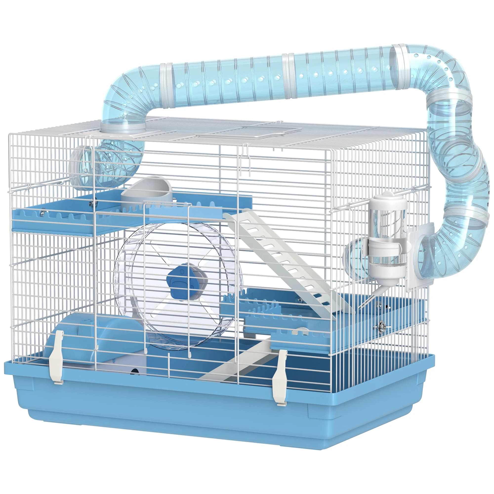 PawHut Cage pour hamster portable, cage hamster avec cabane, gamelle, roue de course, bouteille d'eau, perchoirs, échelles, syst