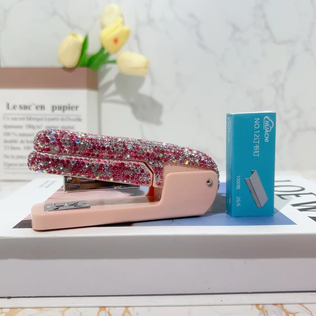 Sparkling Rhinestone Rotating Desktop Stapler 360° Student Office Stationery with 1000pcs Staples Included Use 24/6 26/6 Staples