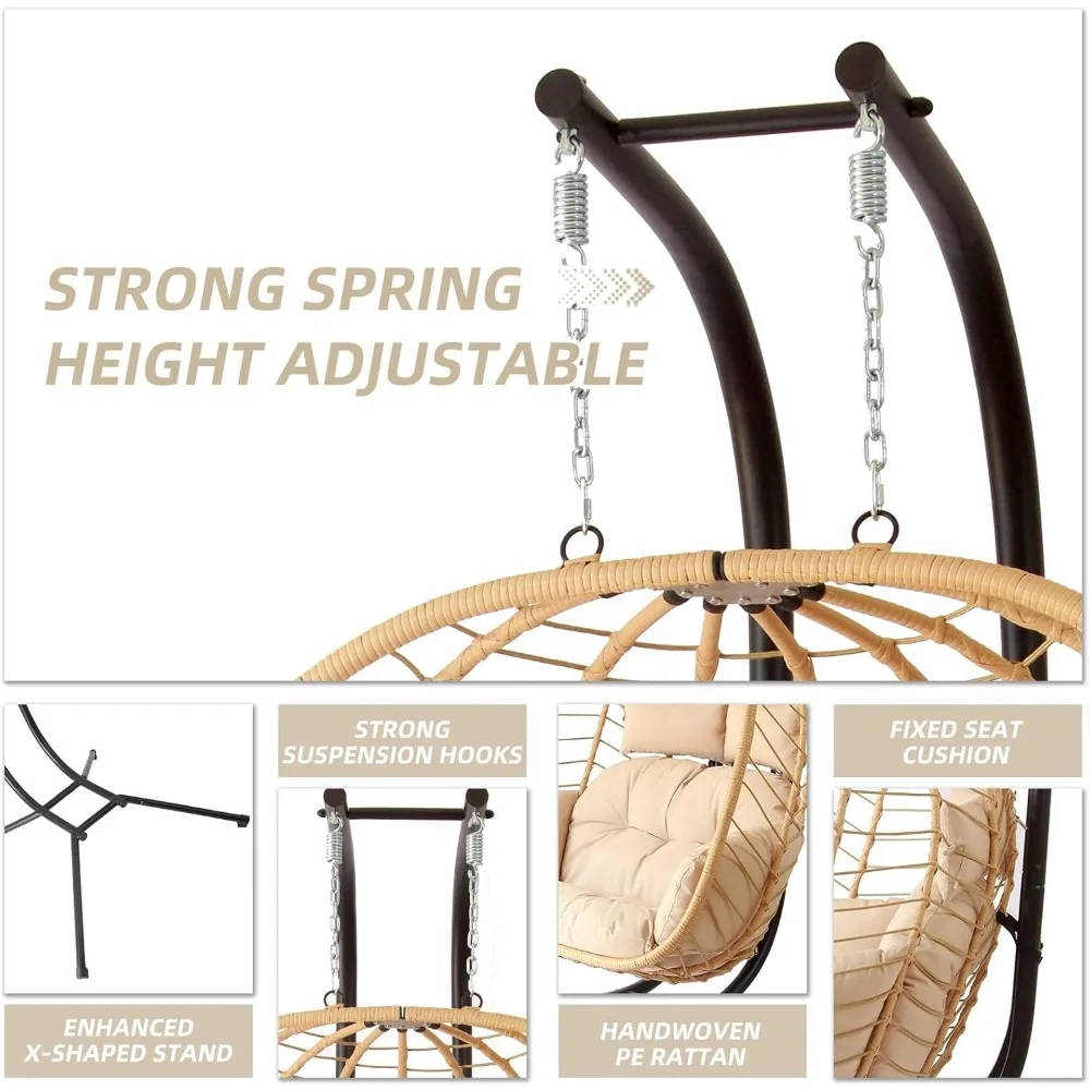 Double Egg Chair with Stand, Patio Wicker Hanging Swing Egg Chair Thickened, Galvanized Pipe Steel Frame and UV Resistant Cushio