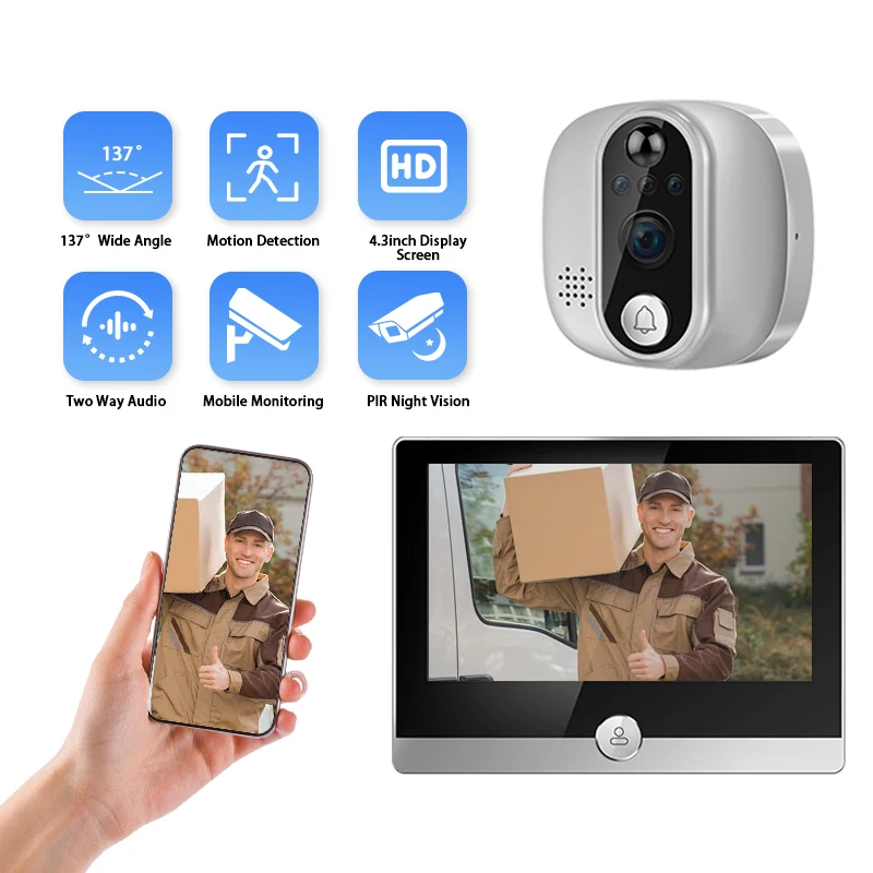 Tuya Video Doorbell 1080P WiFi Peephole Camera Door Bell PIR Cat Eye 4.3 Inch Home Digital Door Viewer for Security Protection