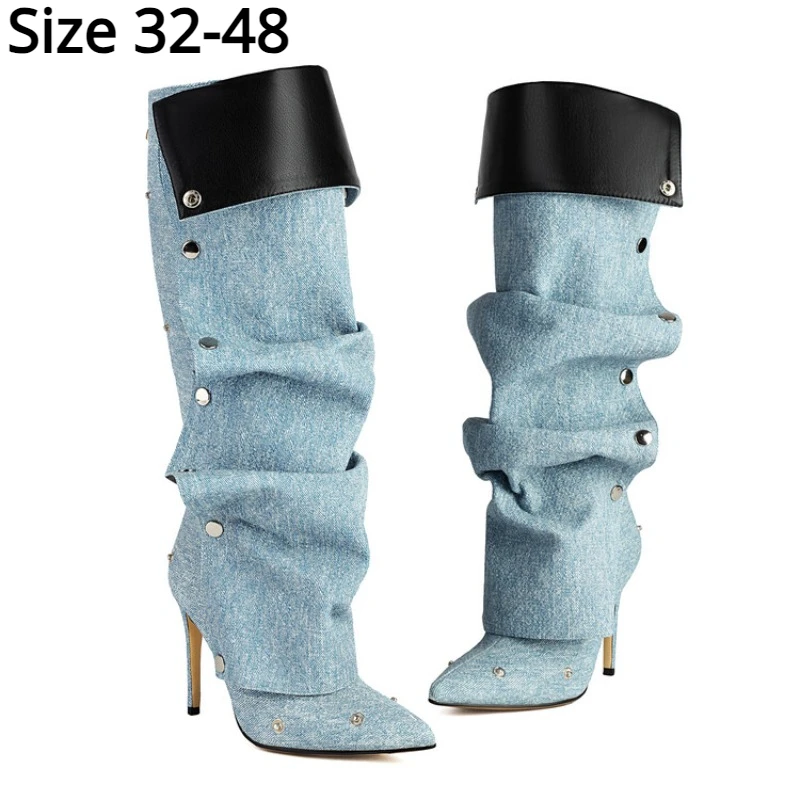 Wrinkled Metal Buttons Spliced Disassemble Knee Boots Fashion Show Folding High Barrel Boots 32-48 Auto Show Model Fashion Boot